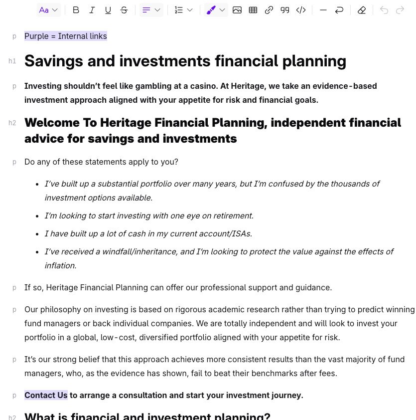 financial planning seo content writing