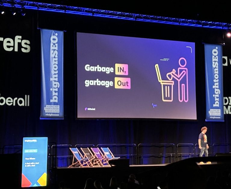 Talk at BrightonSEO main auditorium discussing garbage in garbage out in relation to AI content creation.