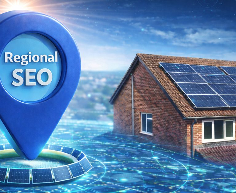 Regional SEO strategy visual showing a solar-powered home highlighted on a digital map
