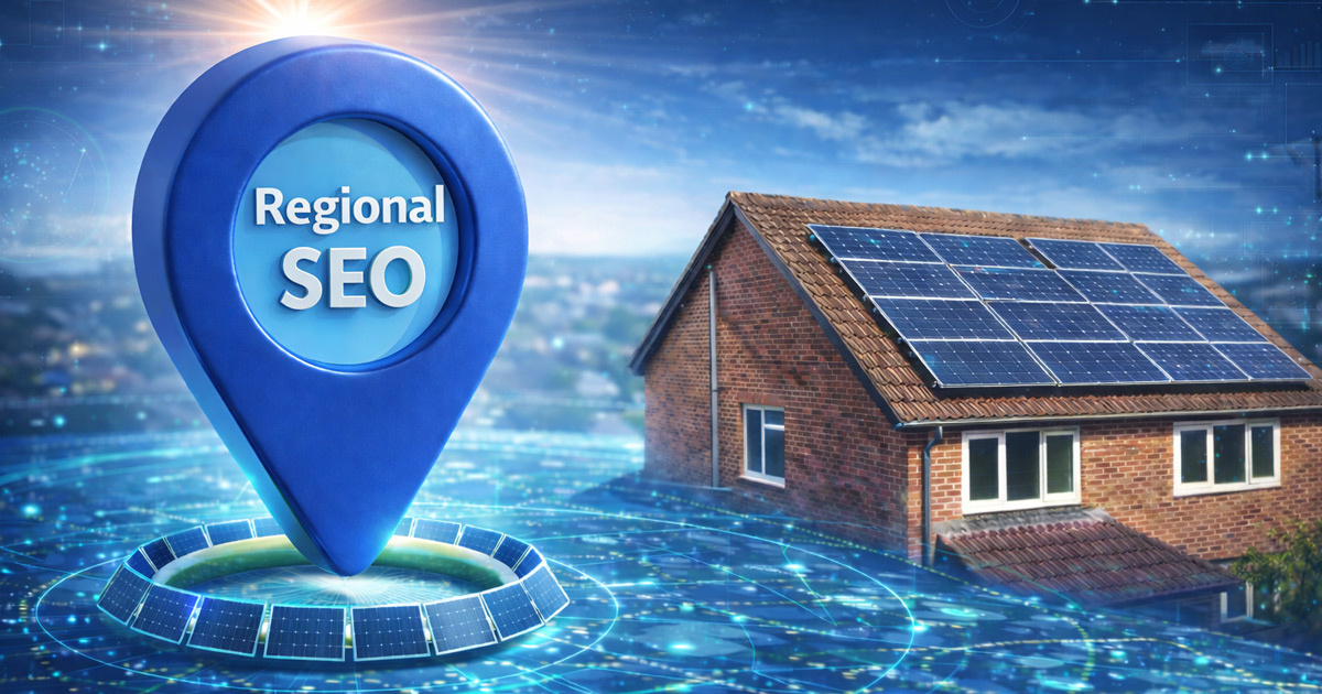 Regional SEO strategy visual showing a solar-powered home highlighted on a digital map