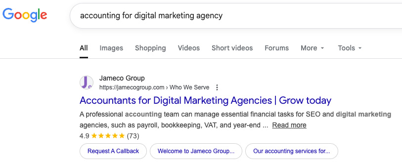 SEO result for niche accounting firm