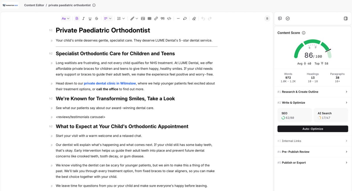 example of optimised seo content for cosmetic dental practice