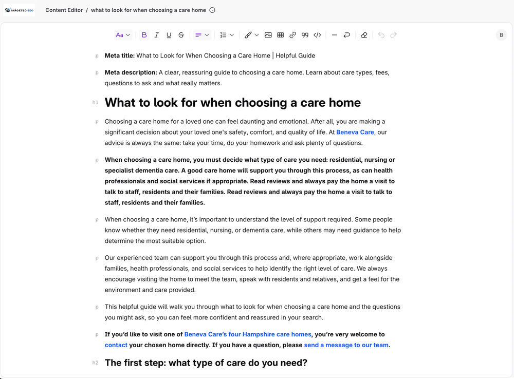 care home seo content writing
