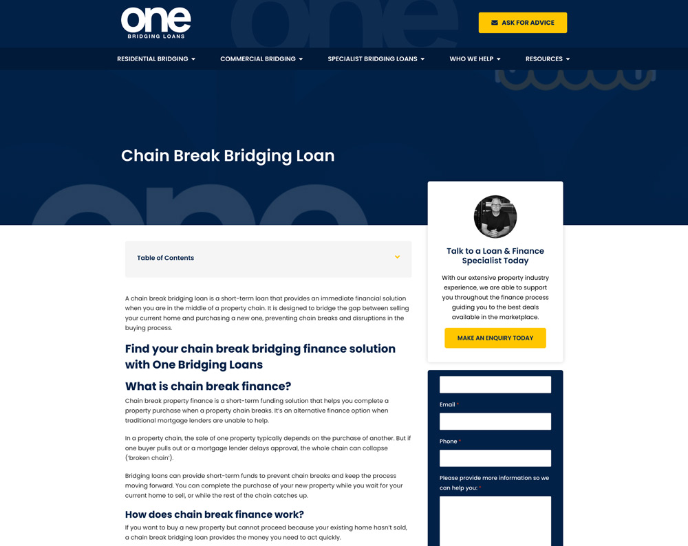 one page seo publishing for bridging loan client